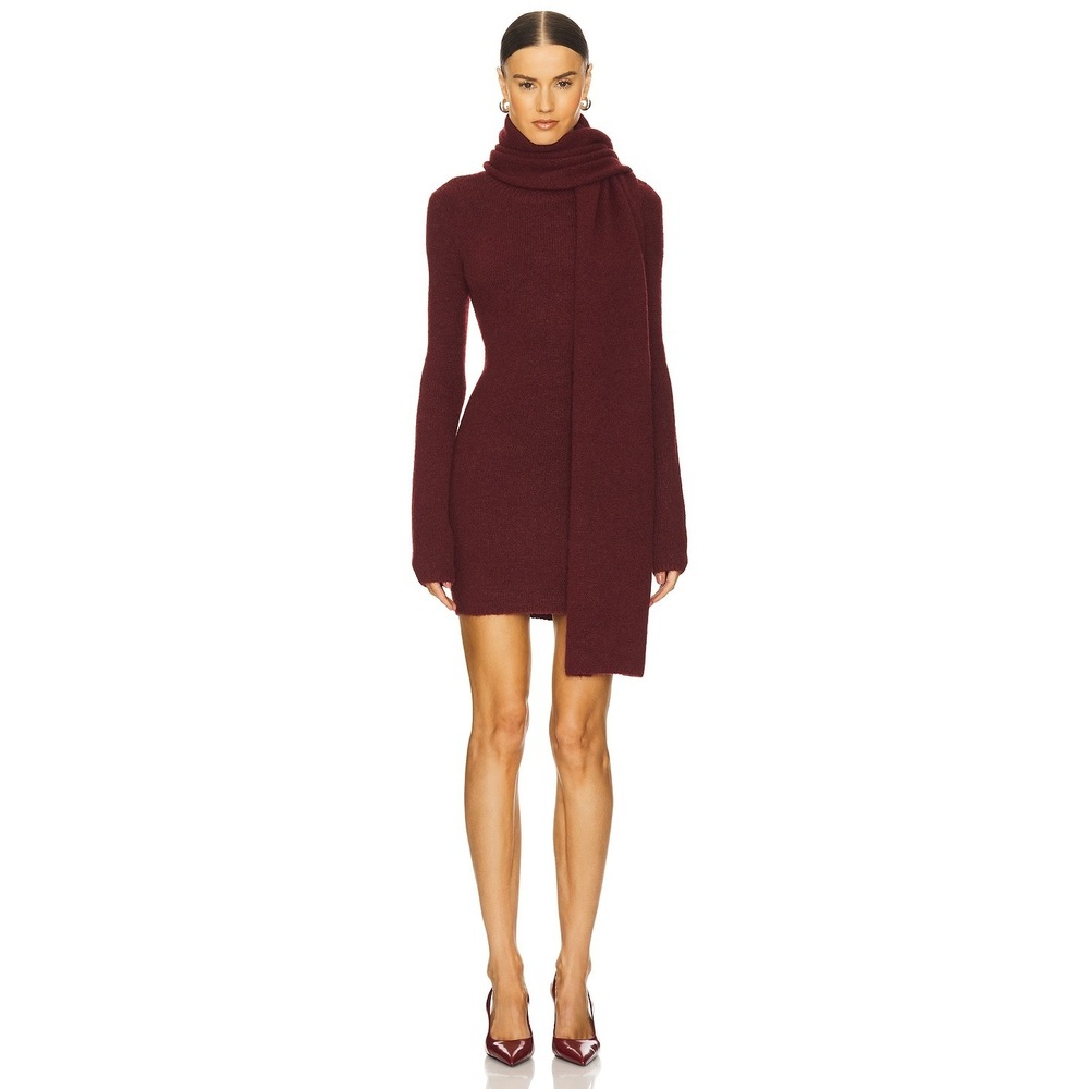 New LOBA Soleil Scarf Dress in Burgundy red sweater dress long sleeve mini scarf